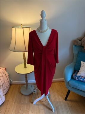Red Draped V-Neck Women's Dress